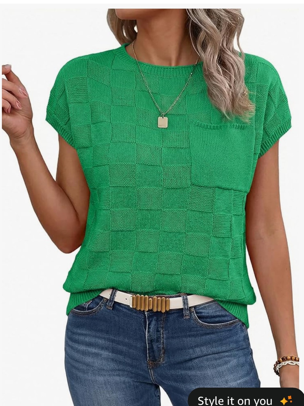 Women’s Emerald Green Checker Knit Short Sleeve Top